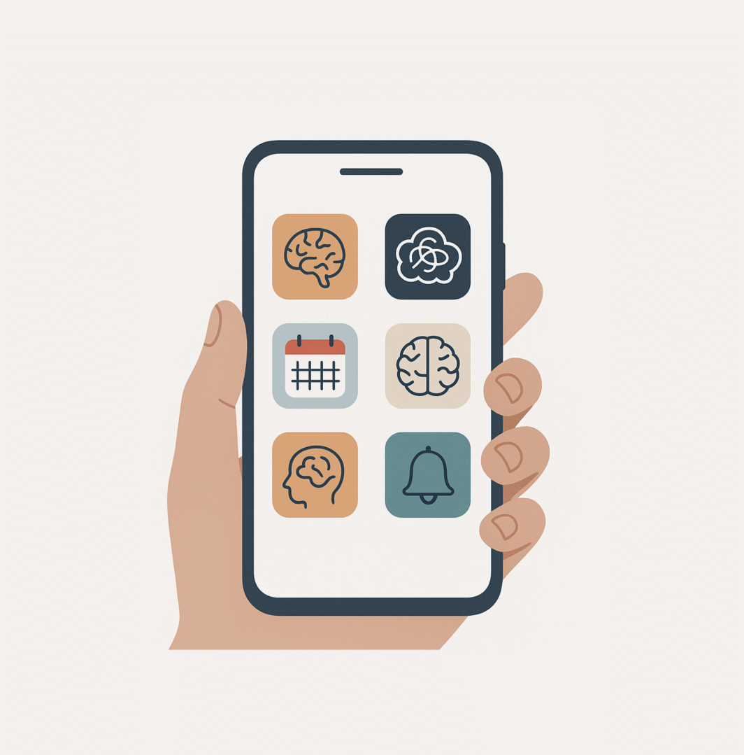 Hand holding phone with ADHD apps on screen